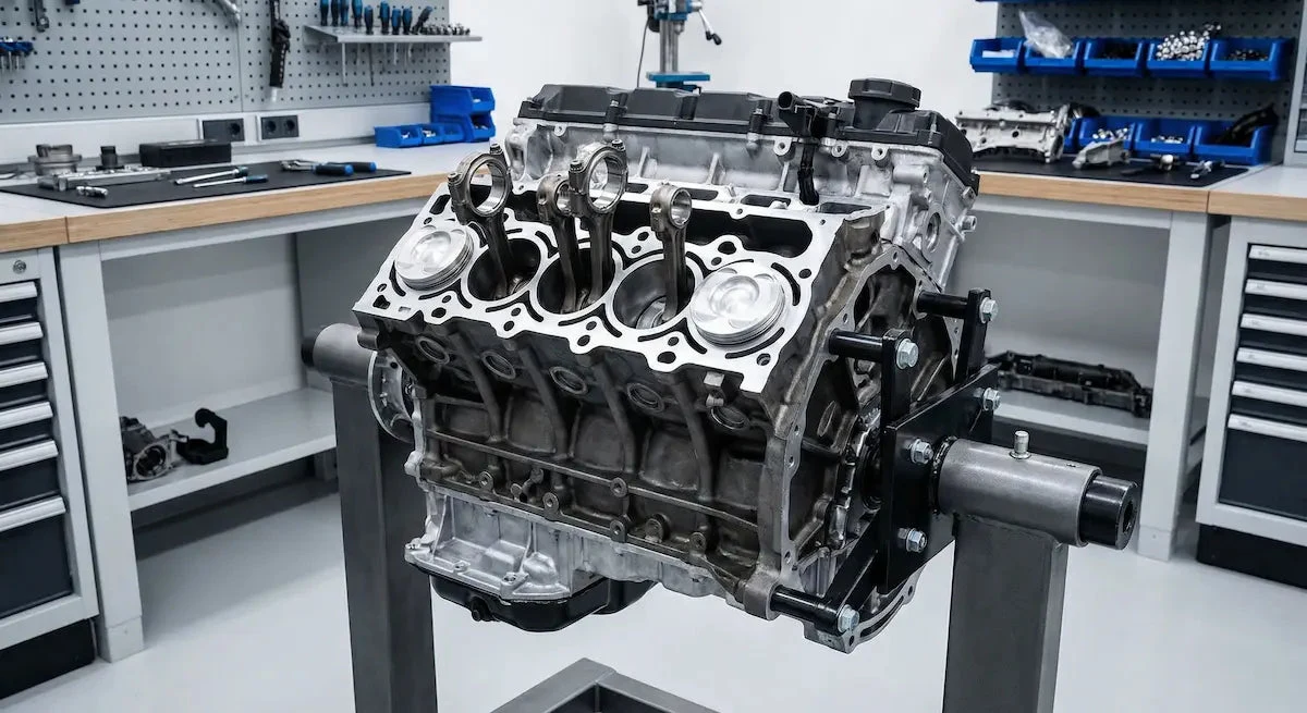 BMW S58 Motor auf Motorständer mit sichtbarem Closed-Deck-Block und geschmiedeten Internals