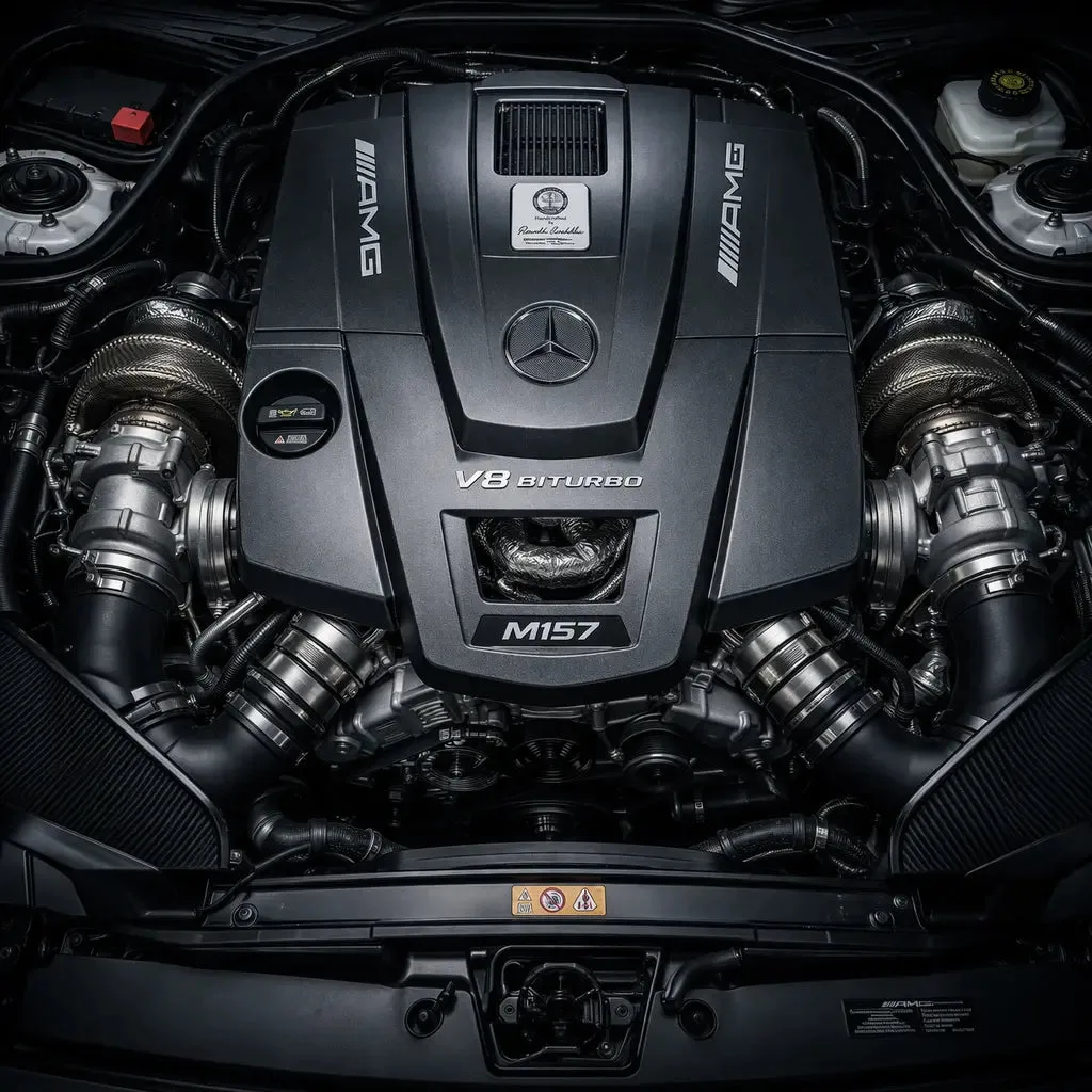 Mercedes-AMG M157 5.5-Liter-V8-Biturbo-Motor im Motorraum – Draufsicht mit sichtbarer Twin-Turbo-Konfiguration beidseitig des V8-Blocks