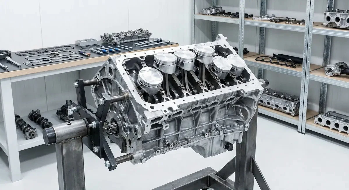 Geöffneter BMW S55 Motor mit geschmiedeten Kolben und Pleuel auf Motorständer