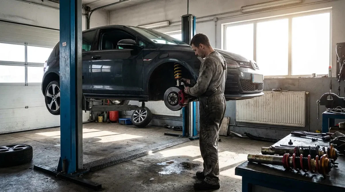 Einbau eines Gewindefahrwerks in der Werkstatt – Auto auf der Hebebühne mit Mechaniker