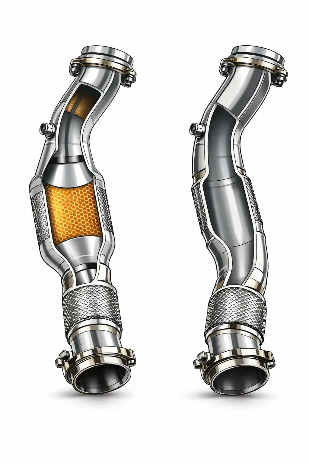 Querschnitt-Vergleich Downpipe mit Katalysator (Wabenstruktur) links und Catless Downpipe (freies Rohr) rechts – technische Darstellung des Abgassystems