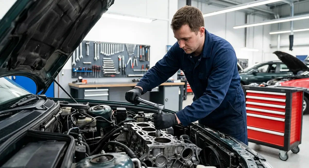 Mechaniker baut Zündkerze mit Drehmomentschlüssel in Motorblock ein