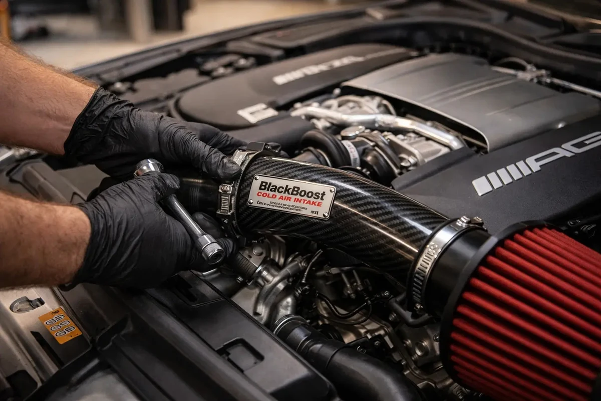Einbau eines BlackBoost Cold Air Intake im Motorraum eines Mercedes-AMG – Montage des Ansaugschlauchs durch Mechaniker mit Schutzhandschuhen in Werkstatt