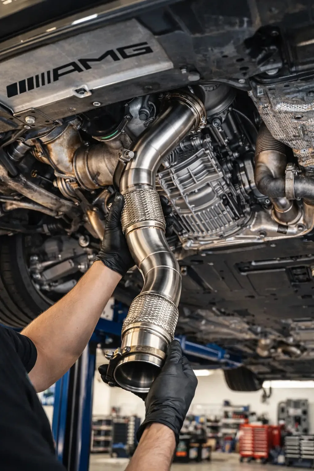 Montage einer BlackBoost Catless Downpipe unter einem Mercedes-AMG auf einer professionellen Hebebühne – Mechaniker arbeitet an der Abgasanlage im Unterbodenbereich
