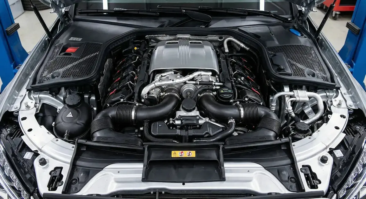 Mercedes-AMG M177 V8 Biturbo Motorraum im W205 C63 ohne Abdeckung