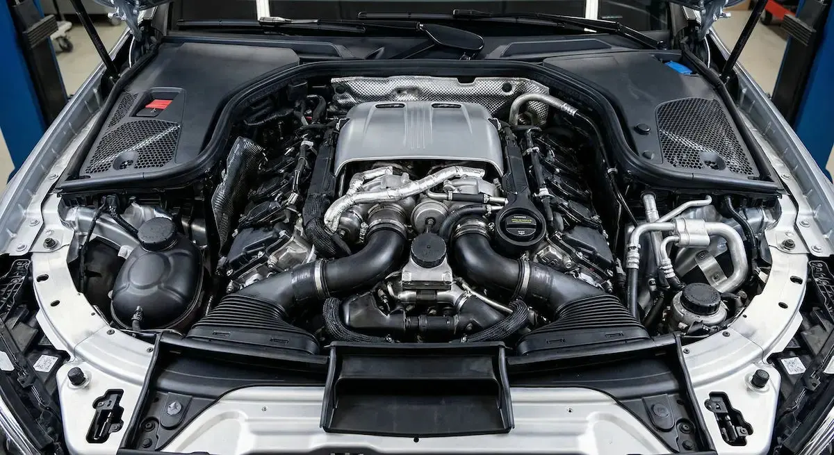 Mercedes-AMG M177 V8 Biturbo Motorraum im W213 E63 ohne Abdeckung