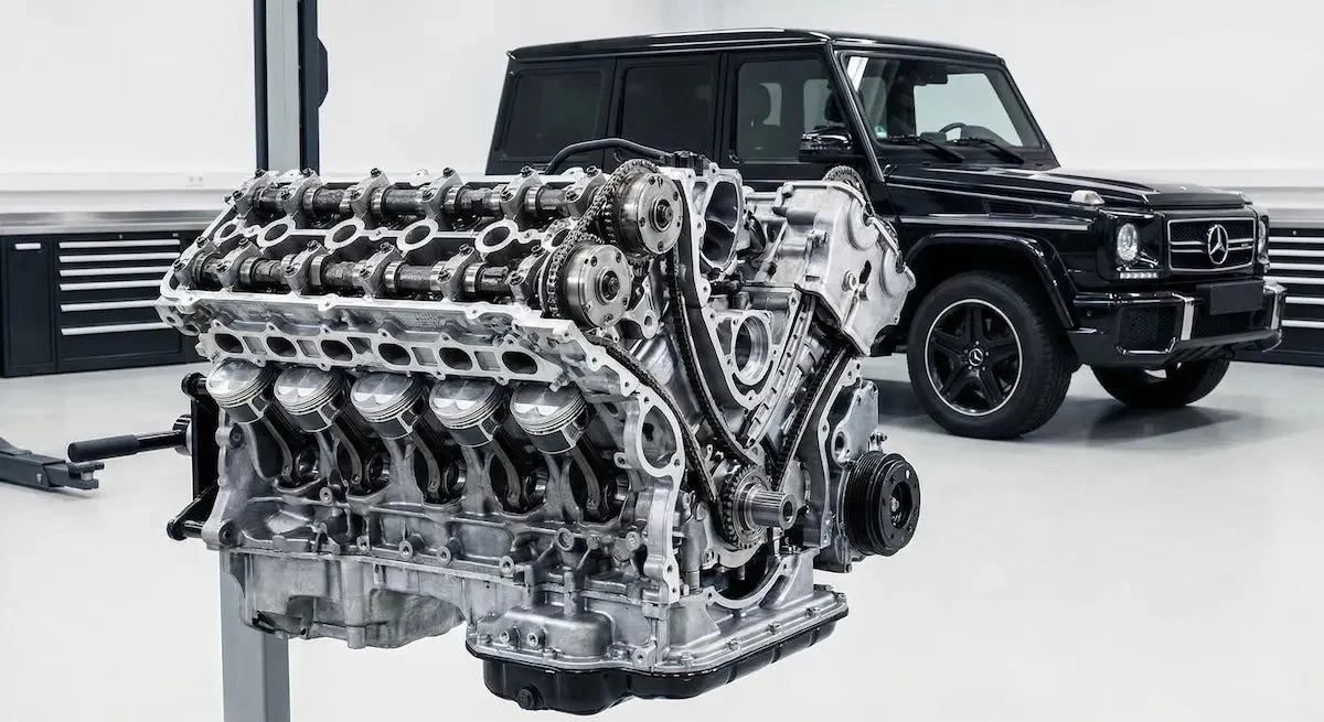 Mercedes-AMG M177 V8 Motor für G63 auf Motorständer mit verstärkten Internals