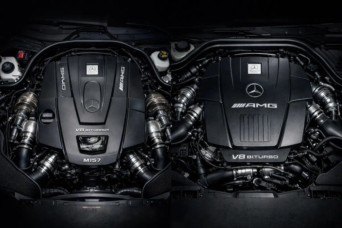 Vergleich Mercedes-AMG Motoren M157 5.5 Liter links und M177 4.0 Liter rechts auf neutralem dunklem Hintergrund – Größen- und Architektur-Unterschied zwischen den Motorengenerationen
