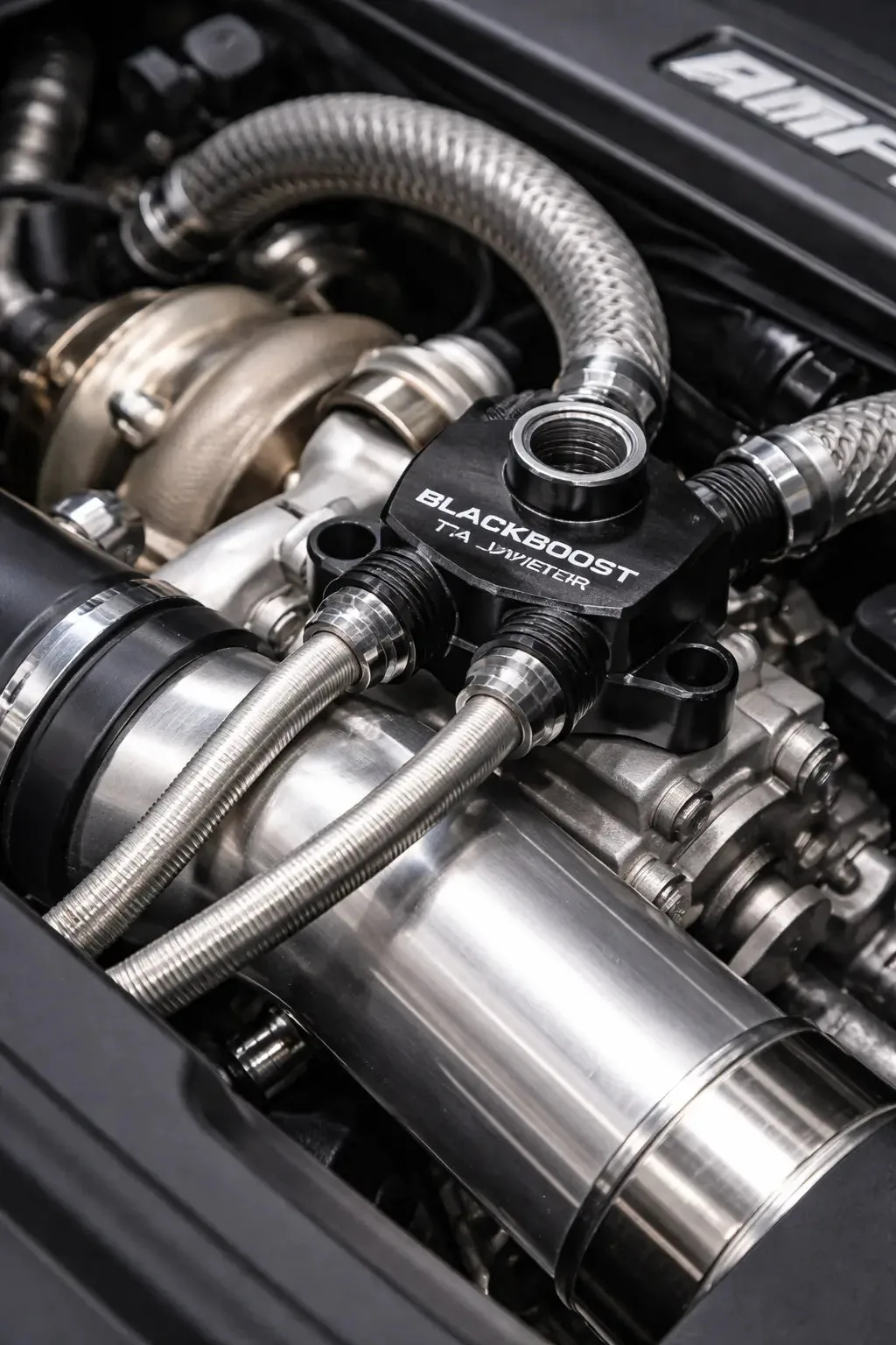 BlackBoost FTA Diverter Adapter eingebaut im Ansaugtrakt eines Mercedes-AMG – Alu-Adapter zwischen Turbolader und Drosselklappe, eingebaut im sauberen Motorraum