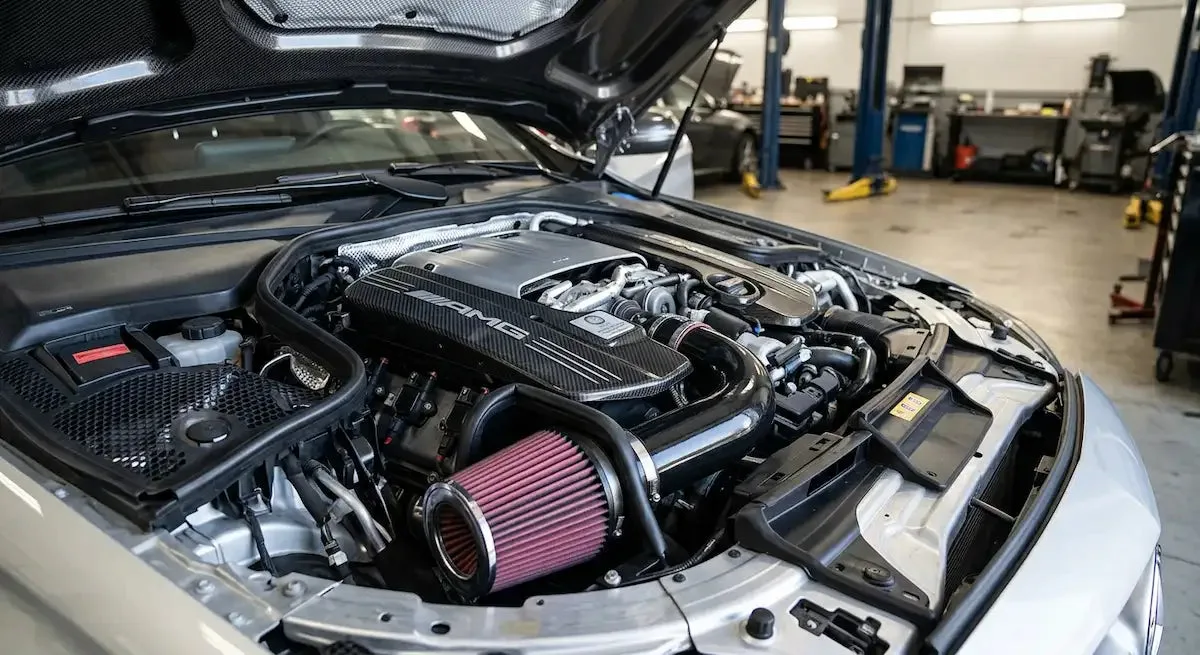 Offenes Ansaugsystem mit Sportluftfilter eingebaut im Mercedes Benz C63 Motorraum