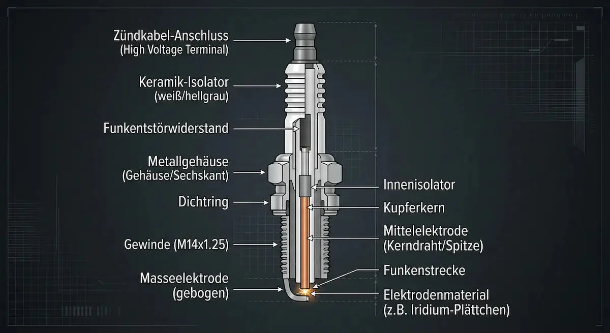 Technische Darstellung des Aufbaus einer Zündkerze mit allen Bauteilen