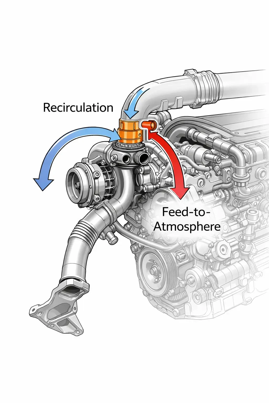 Technische Darstellung eines Turbomotors mit Diverter-Ventil – Vergleich Recirculation (Luft zurück in Ansaugtrakt) vs. FTA Feed-to-Atmosphere (Luft nach außen) als Pfeildiagramm