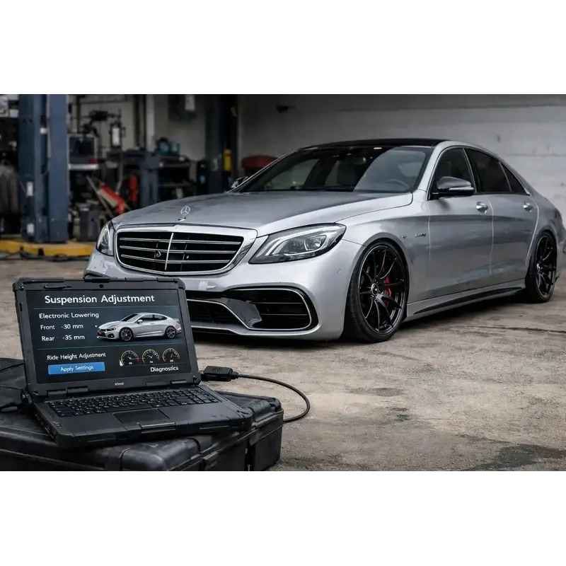 Mercedes Limousine mit Tieferlegung per Laptop-Diagnose in Werkstatt, KTH Shop Tuning Zubehör