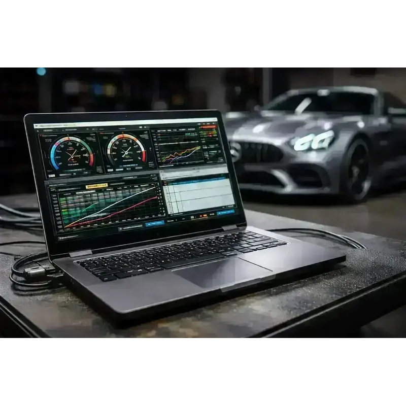 Laptop mit Tuning-Diagnosesoftware vor Sportwagen in Werkstatt, KTH Shop Tuning Zubehör